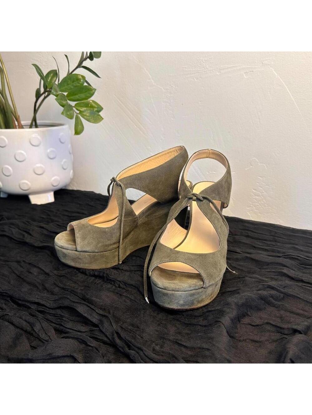 Jimmy‎ Choo Nayeem Suede Tie Front Wedges 38.5 Quiet Luxury